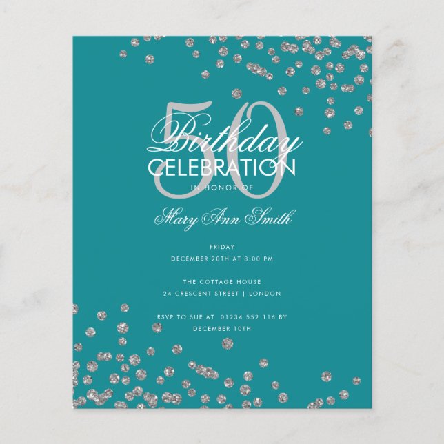 Budget Geburtstag Glitzer Confetti Silver Aquamari (Vorderseite)