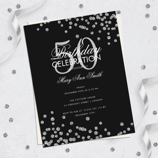 Budget Geburtstag Glitzer Confetti Silver Black Postkarte (Von Creator hochgeladen)