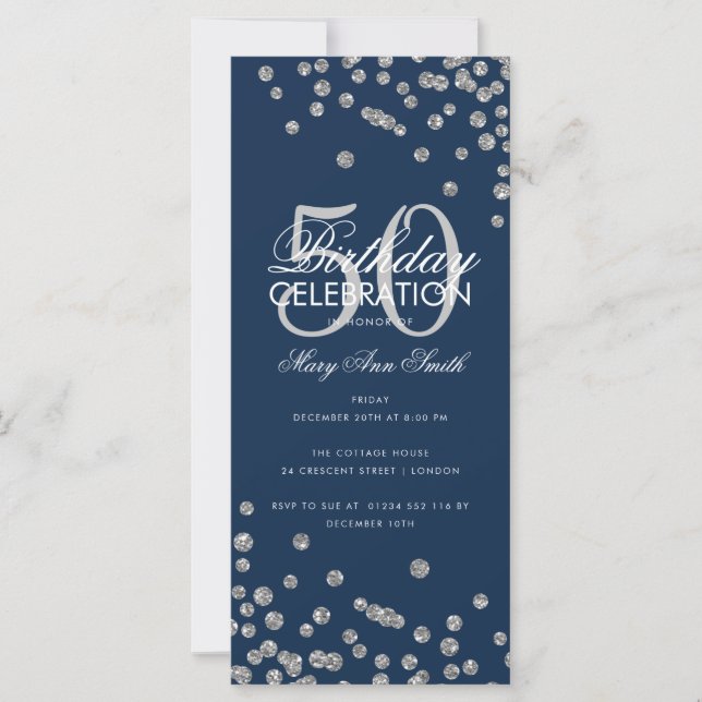 Budget Geburtstag Glitzer Confetti Silver & Navy (Vorderseite)