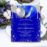 Budget Geburtstag königlich blaue Silber Einladung<br><div class="desc">Ein königlich blauer Hintergrund. Dekoriert mit Imitaten silberne Glitzer Tropfen malen Tropflook,  Glitzern und Ballons. Personalisieren und fügen Sie einen Namen und Party Details hinzu. Der Name wird mit einem handgeschriebenen Stilskript geschrieben.</div>