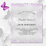 Budget Geburtstag lila Schmetterling Einladung<br><div class="desc">Eine moderne,  elegante und minimalistische Geburtstagseinladung. Imitate silbermetallischer Hintergrund mit lila Imitaten Glitzer Staub und eine Schmetterlafe als Wasserzeichen. Personalisieren und fügen Sie Ihre Namen und Hochzeitsdetails. Schwarze Buchstaben.</div>