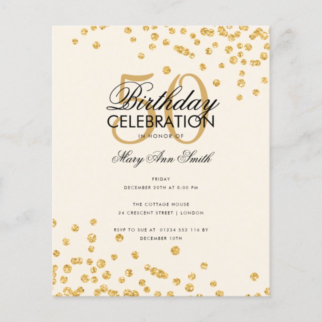Budget Geburtstagsparty Gold Glitzer Confetti Flyer (Vorne)