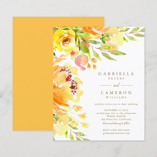 Budget Gelbe Blumen Wasserfarbenpräsenz Einladung (Vorne/Hinten)