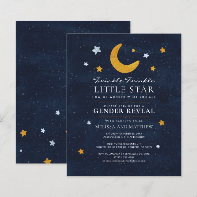 Budget Gender Reveal Twinkle Little Star Einladung (Vorne/Hinten)