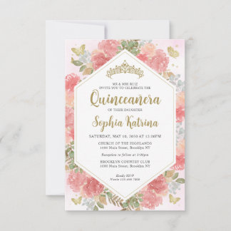 Budget Girl Blush Pink Floral Gold Quinceañera Mitteilungskarte