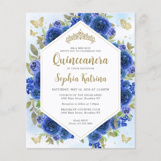 Budget Girl Royal Blue Floral Gold Quinceañera (Vorderseite)