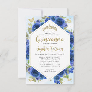 Budget Girl Royal Blue Floral Gold Quinceañera Mitteilungskarte
