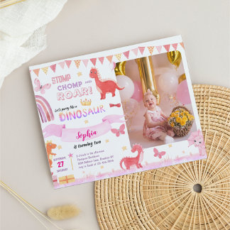 BUDGET Girly Pink Dinosaur Photo Kids Birthday