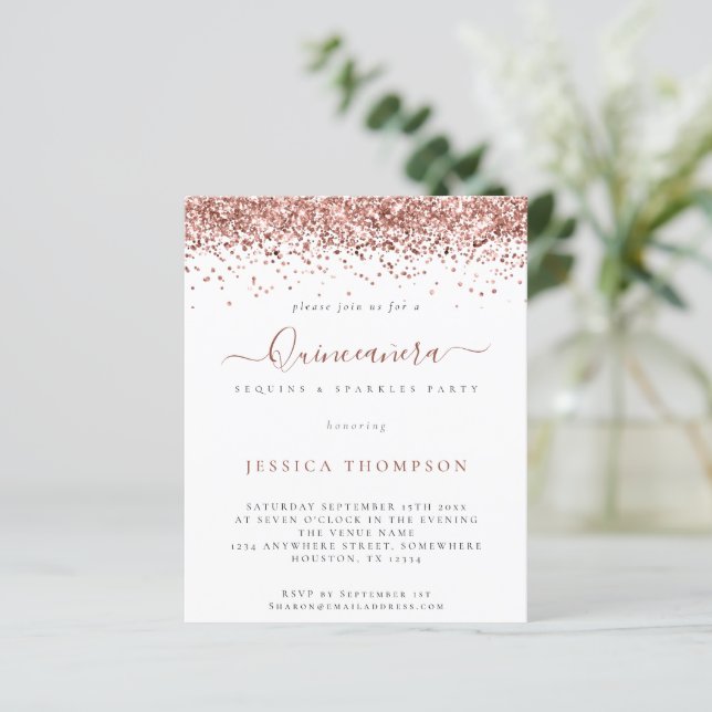 BUDGET Girly Rose Gold Glitzer Quinceañera Einladu (Stehend Vorderseite)