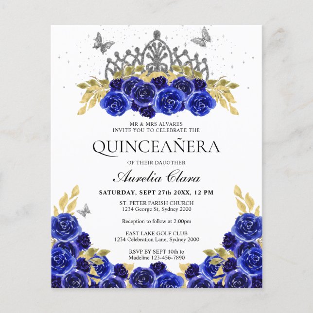 Budget Glam Blue Floral Silver Tiara Quinceanera (Vorderseite)