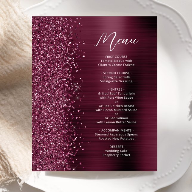 Budget Glam Burgundy Glitzer Script Wedding Menu (Von Creator hochgeladen)