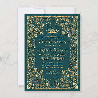 Budget Glam Emerald Green Gold Tiara Quinceanera Mitteilungskarte