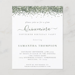 Budget Glam Green Glitzer Quinceañera Einladung