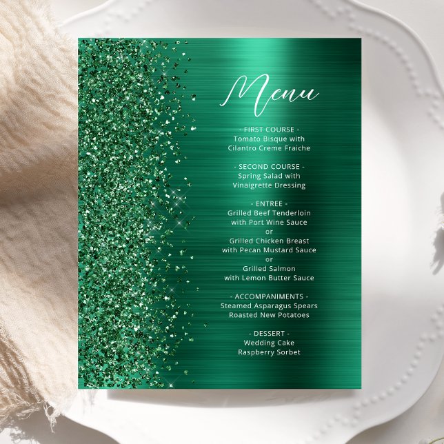 Budget Glam Green Glitzer Script Wedding Menu (Von Creator hochgeladen)