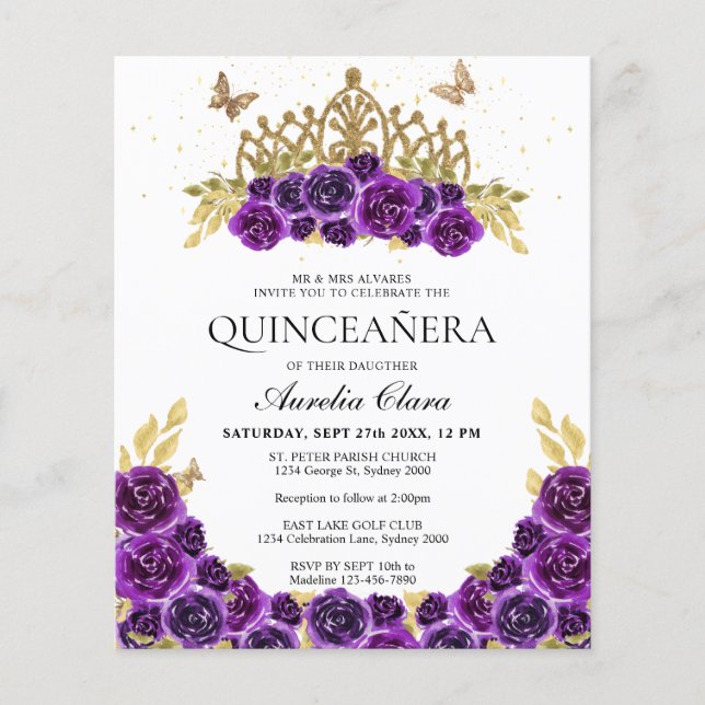 BUDGET Glam Lila Floral Gold Tiara Quinceanera (Vorderseite)