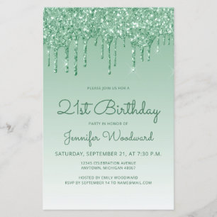 Budget Glitter Drip Grün 21. Geburtstagseinladung