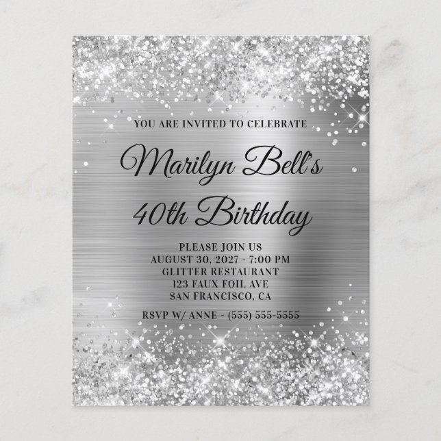 Budget Glittery Silver Girly Foil Einladung (Vorderseite)