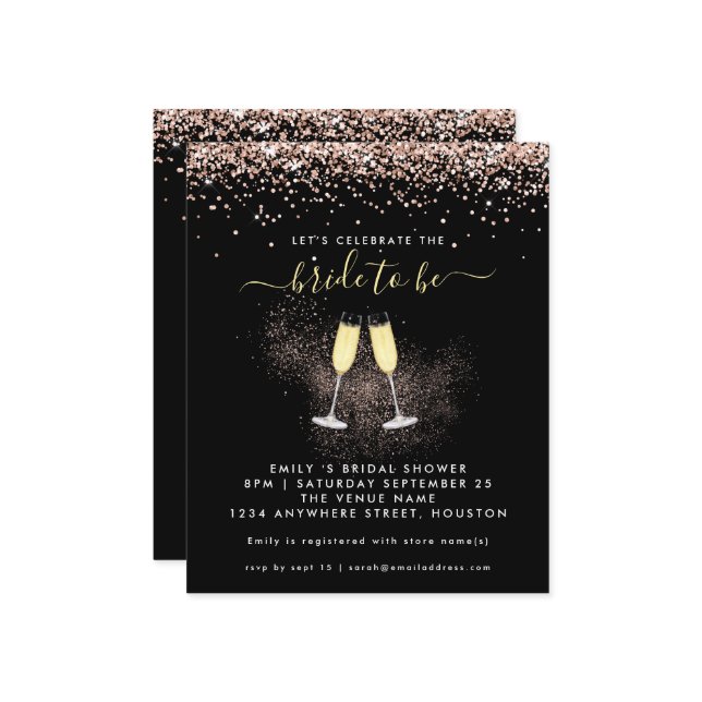 Budget Glitzer Champagne Bridal Dusche Einladung (Vorderseite/Rückseite Beispiel)