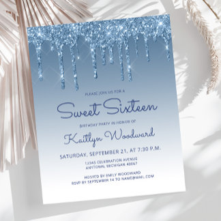 Budget Glitzer Tropfen Blue Sweet 16 Einladung