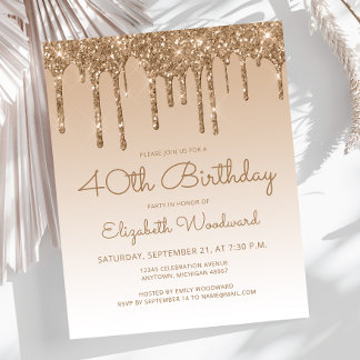 Budget Glitzer Tropfen Gold 40. Geburtstag Einladu