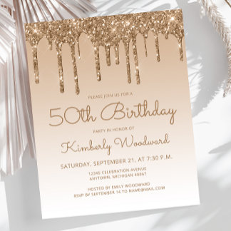 Budget Glitzer Tropfen Gold 50. Geburtstag Einladu