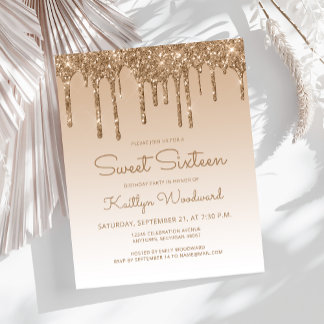 Budget Glitzer Tropfen Gold Sweet 16 Einladung