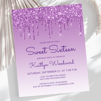 Budget Glitzer Tropfen Lila Sweet 16 Einladung