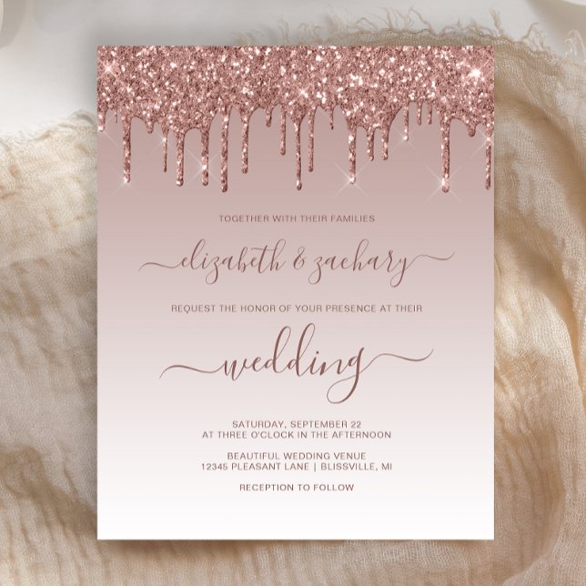 Budget Glitzer Tropfen Rose Gold Hochzeit Einladun (Von Creator hochgeladen)
