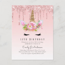 Budget Glitzer Unicorn 12. Geburtstag Pink Gold Postkarte
