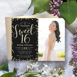 Budget Gold Black Glitzer Foto Sweet 16 Einladung