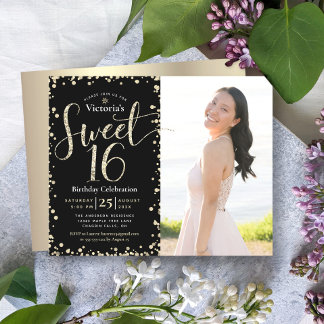 Budget Gold Black Glitzer Foto Sweet 16 Einladung