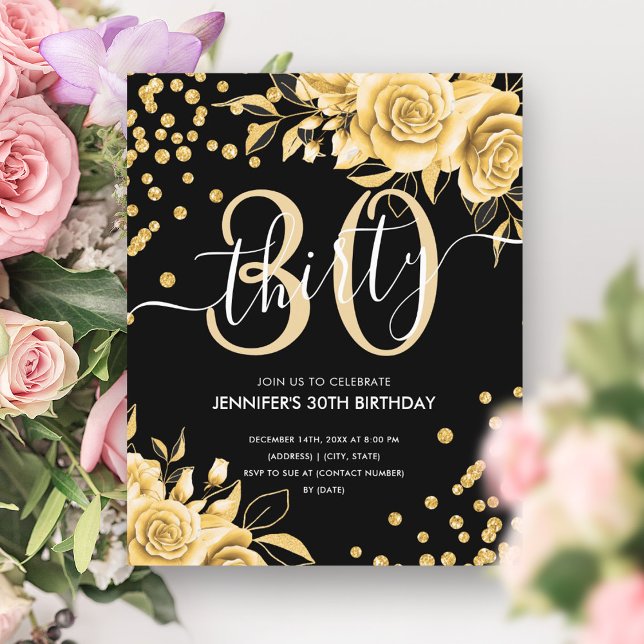 BUDGET Gold Floral Glitzer 30. Geburtstag Schwarz (BUDGET Gold Floral Glitter 30th Birthday Black)