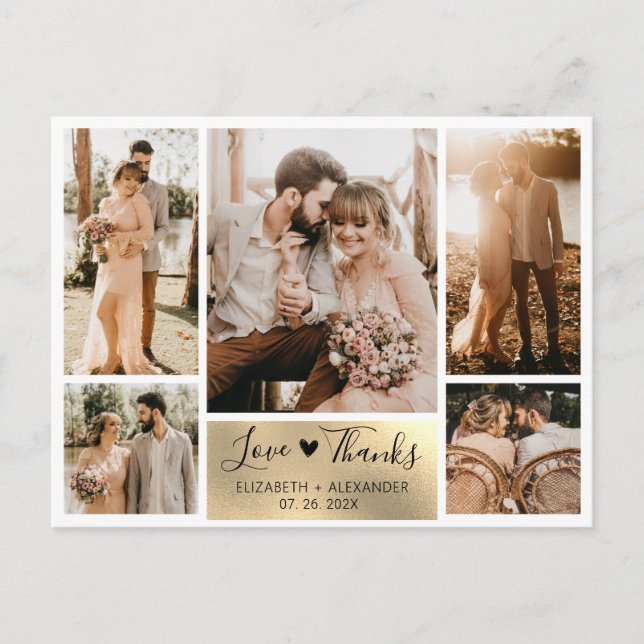 Budget Gold Foto Collage Hochzeit Vielen Dank Postkarte (Vorderseite)