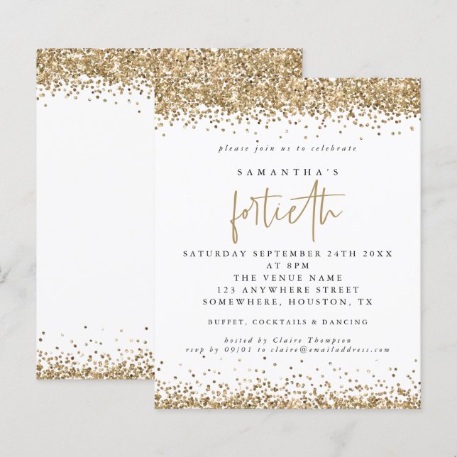Budget Gold Glitzer 40 Party Einladung (Vorne/Hinten)