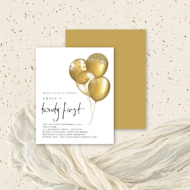 Budget Gold Glitzer Ballons 21. Party Einladung (Front and back view. Budget price value invitation)