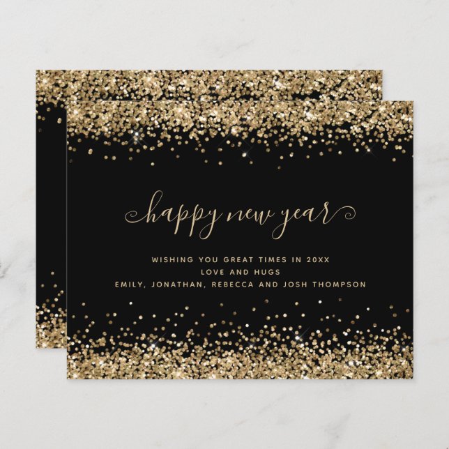 Budget Gold Glitzer Black Happy New Year Card (Vorne/Hinten)