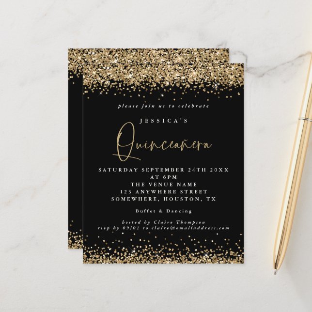 Budget Gold Glitzer Black Quinceanera Einladung (Vorderseite/Rückseite Beispiel)