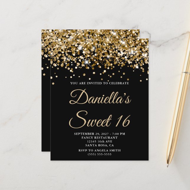 Budget Gold Glitzer Black Sweet 16 Einladung (Vorderseite/Rückseite Beispiel)