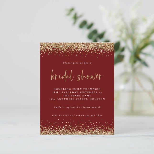 Budget Gold Glitzer Brautparty Burgundy Einladung (Stehend Vorderseite)