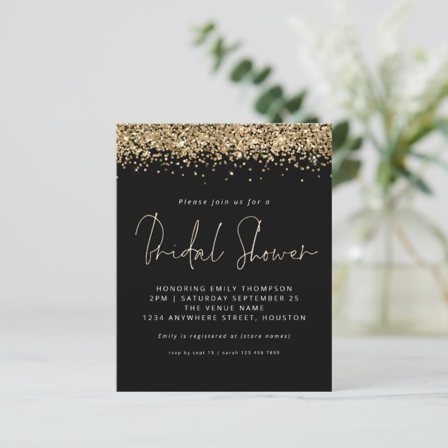 Budget Gold Glitzer Brautparty Schwarze Einladung (Stehend Vorderseite)