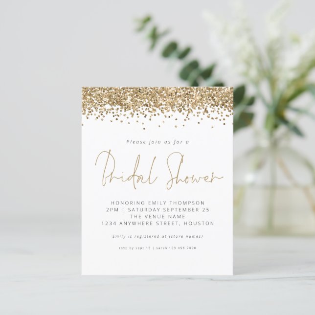 Budget Gold Glitzer Bridal Dusche Einladung (Stehend Vorderseite)