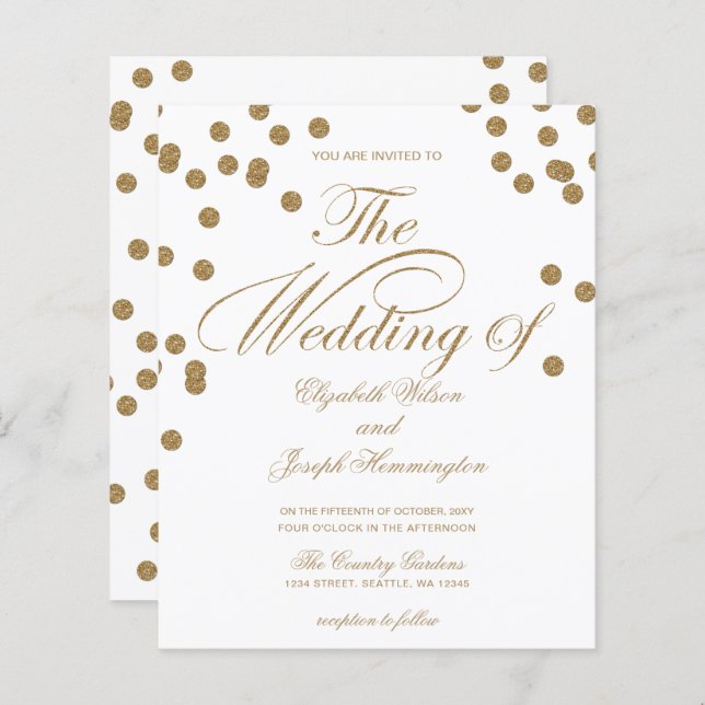 Budget Gold Glitzer Confetti Hochzeit Einladung (Vorne/Hinten)