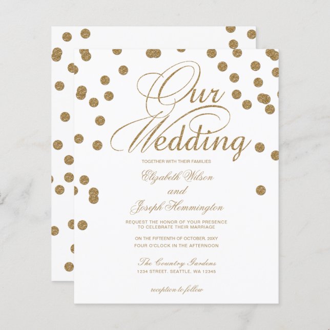 Budget Gold Glitzer Confetti Hochzeit Einladung (Vorne/Hinten)