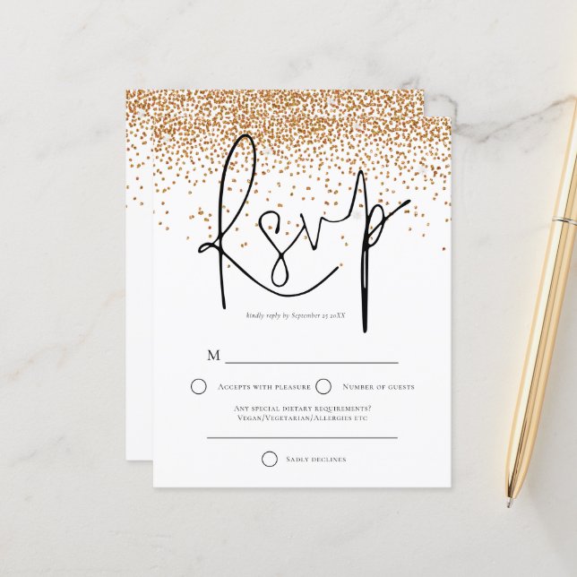 Budget Gold Glitzer Confetti Wedding RSVP (Vorderseite/Rückseite Beispiel)