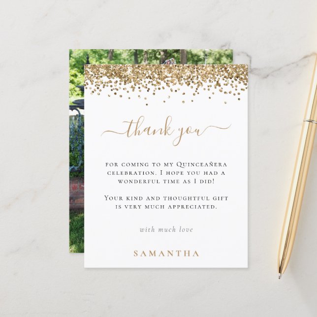 Budget Gold Glitzer Foto Quinceanera Vielen Dank (Vorderseite/Rückseite Beispiel)