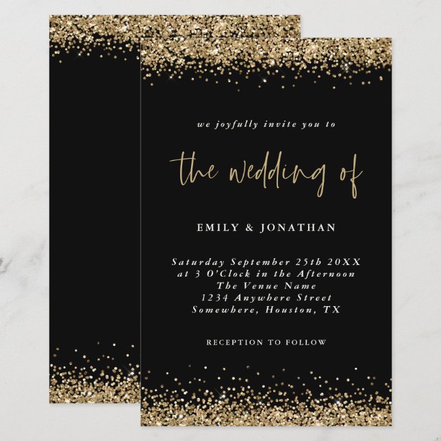 Budget Gold Glitzer Hochzeit Black Einladung (Vorne/Hinten)