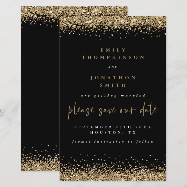 Budget Gold Glitzer Hochzeit Save the Date Schwarz (Vorne/Hinten)