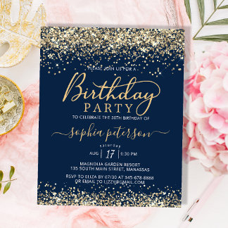 Budget Gold Glitzer Navy Blue Geburtstag Einladung