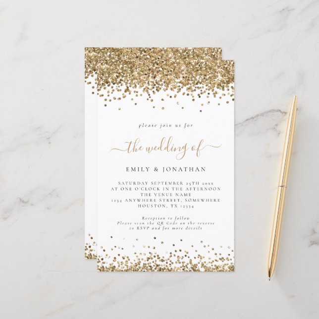 Budget Gold Glitzer QR Code Wedding Einladung (Vorderseite/Rückseite Beispiel)