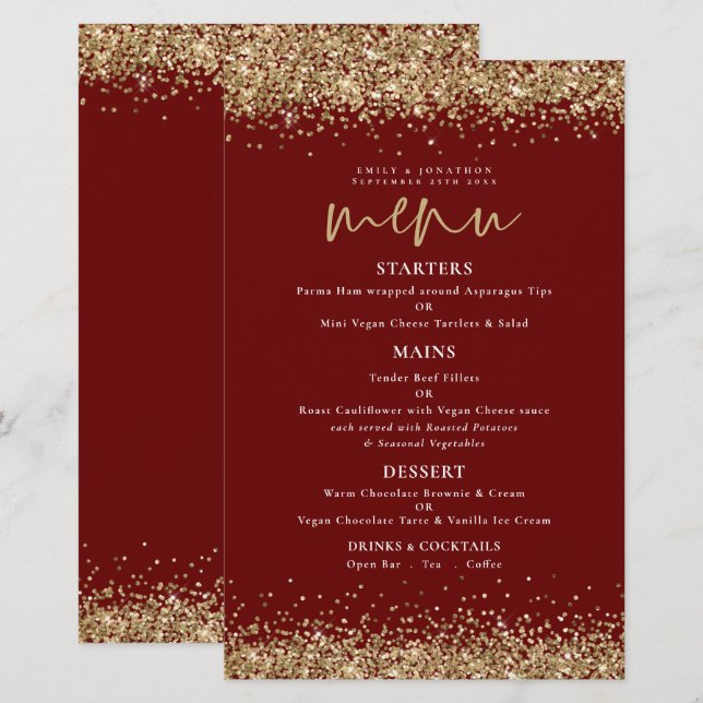 Budget Gold Glitzer Script Wedding Burgundy Menü (Vorne/Hinten)